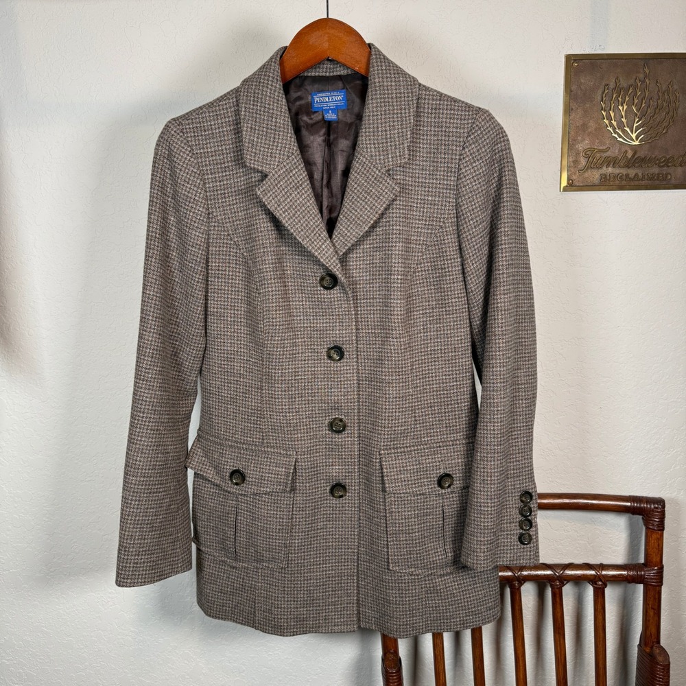Pendleton Womens Brown Houndstooth 100% Virgin Wool Blazer Jacket Size 8